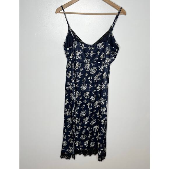 Kenzie Francescas Women Satin Floral Midi Slip Dress Medium Navy Lace Side Slit - Picture 10 of 13